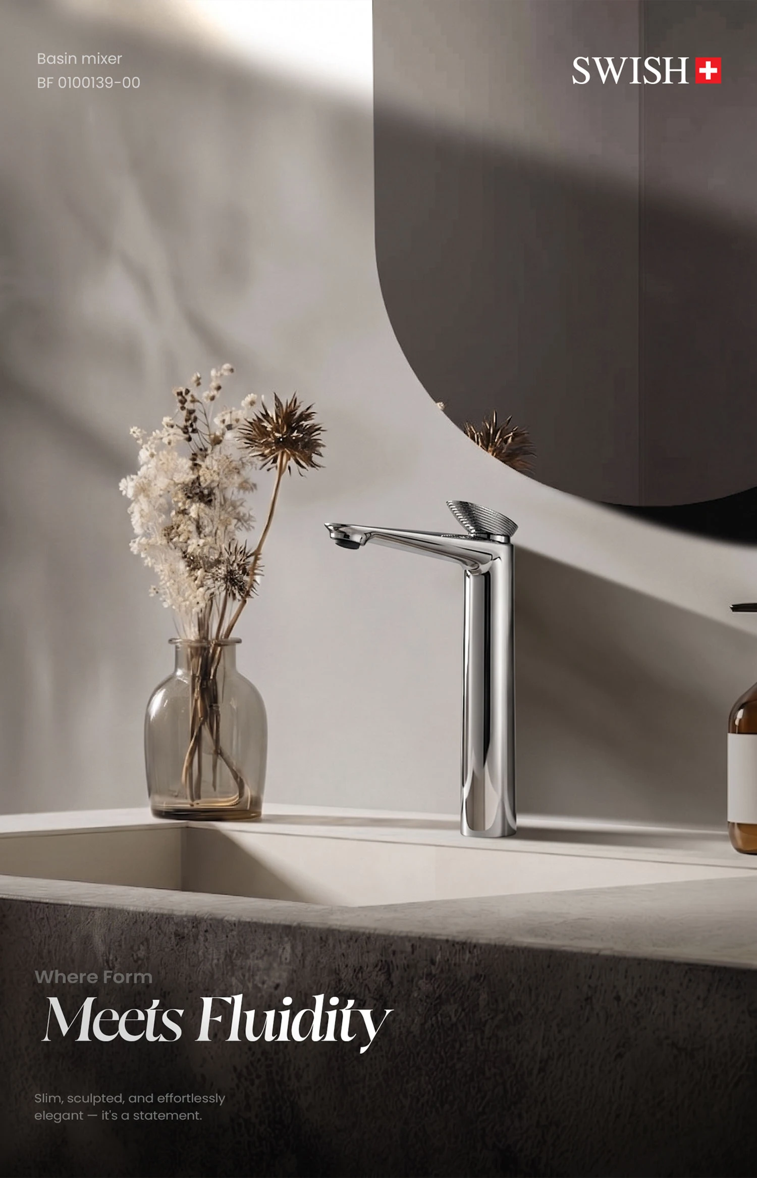 BF 0100139-00 SWISH Long Basin Mixer Storytelling Image